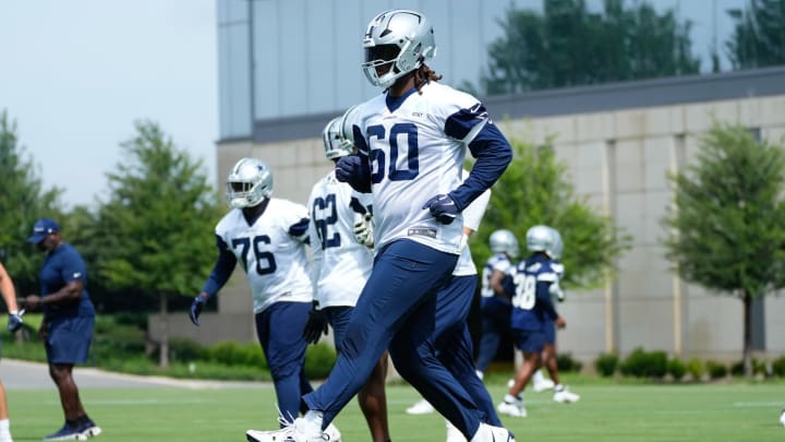 Jun 5, 2024; Frisco, TX, USA;  Dallas Cowboys tackle Tyler Guyton (60) goes through a drill during practice at the Ford Center at the Star Training Facility in Frisco, Texas. Mandatory Credit: Chris Jones-USA TODAY Sports