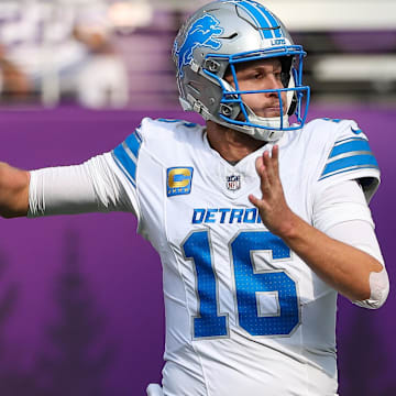 Oct 20, 2024; Minneapolis, Minnesota, USA; Detroit Lions quarterback Jared Goff (16) throws the ball against the Minnesota Vikings during the first quarter at U.S. Bank Stadium.