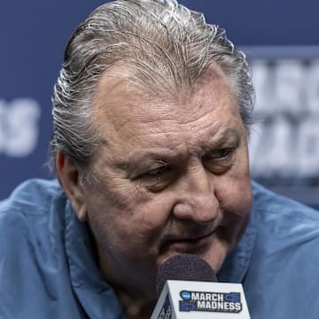 Mar 15, 2023; Birmingham, AL, USA; West Virginia Mountaineers head coach Bob Huggins talks with the media before practice at Legacy Arena. Mandatory Credit: Vasha Hunt-Imagn Images