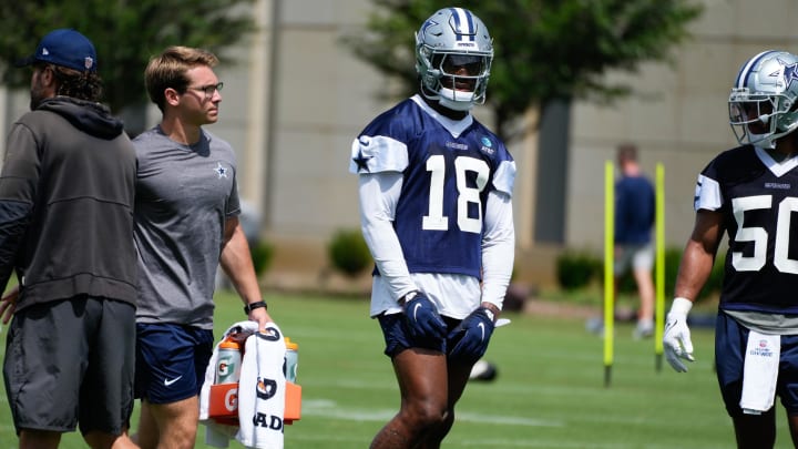 Jun 5, 2024; Frisco, TX, USA;  Dallas Cowboys linebacker Damone Clark (18) goes through a drill during practice at the Ford Center at the Star Training Facility in Frisco, Texas. 