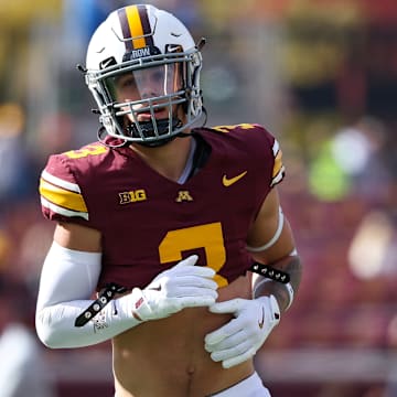 Minnesota defensive back Koi Perich warms up before the game against Maryland at Huntington Bank Stadium in Minneapolis on Oct. 26, 2024.