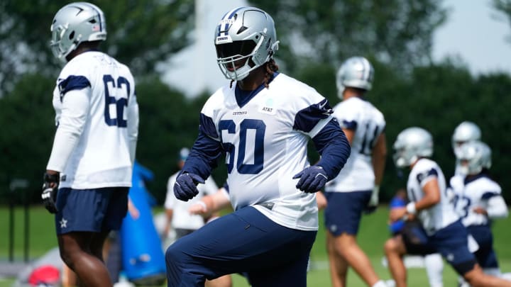 Jun 5, 2024; Frisco, TX, USA;  Dallas Cowboys tackle Tyler Guyton (60) goes through a drill during practice at the Ford Center at the Star Training Facility in Frisco, Texas. Mandatory Credit: Chris Jones-USA TODAY Sports