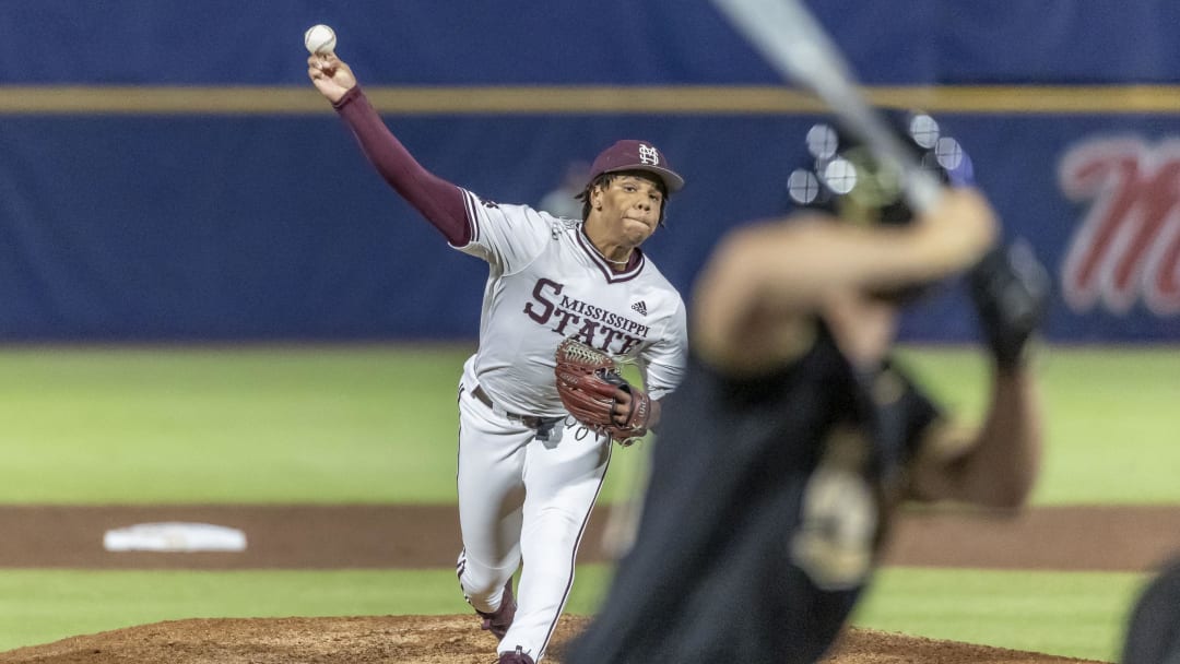 May 23, 2024; Hoover, AL, USA; Mississippi State Bulldogs pitcher Jurrangelo Cijntje (50) pitches against the Vanderbilt Commodores during the SEC Baseball Tournament at Hoover Metropolitan Stadium. Mandatory Credit: Vasha Hunt-USA TODAY Sports