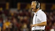 Sep 21, 2024; Minneapolis, Minnesota, USA; Iowa Hawkeyes head coach Kirk Ferentz looks on during the first half against the Minnesota Golden Gophers at Huntington Bank Stadium. Mandatory Credit: Matt Krohn-Imagn Images