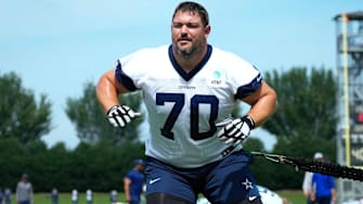 Jun 5, 2024; Frisco, TX, USA;  Dallas Cowboys tackle Zack Martin (70) warms up during practice at the Ford Center at the Star Training Facility in Frisco, Texas. 