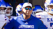 Nov 8, 2025; Tucson, Arizona, USA; Kansas Jayhawks head coach Lance Leipold against the Arizona Wildcats at Arizona Stadium. Mandatory Credit: Mark J. Rebilas-Imagn Images