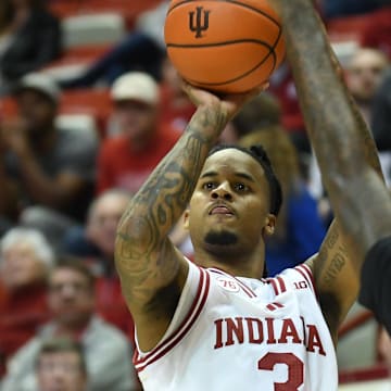 Indiana guard Lamar Wilkerson shoots the ball over Alabama A&M Bulldogs guard Gabe Kincy on Nov. 5, 2025, at Assembly Hall.