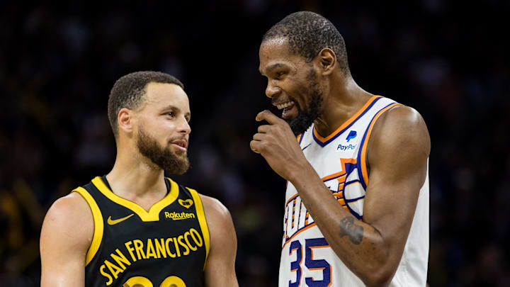 Feb 10, 2024; San Francisco, California, USA; Golden State Warriors guard Stephen Curry (30) and Phoenix Suns forward Kevin Durant (35) talk during the second half at Chase Center. Mandatory Credit: John Hefti-Imagn Images Feb 10, 2024; San Francisco, California, USA; Golden State Warriors guard Stephen Curry (30) and Phoenix Suns forward Kevin Durant (35) talk during the second half at Chase Center. Mandatory Credit: John Hefti-Imagn Images