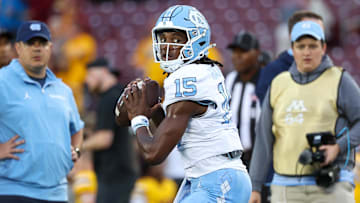 Aug 29, 2024; Minneapolis, Minnesota, USA; North Carolina Tar Heels quarterback Conner Harrell (15) warms up before the game against the Minnesota Golden Gophers at Huntington Bank Stadium. Mandatory Credit: Matt Krohn-Imagn Images