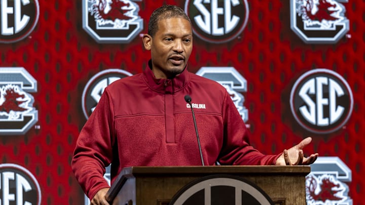 Oct 15, 2024; Birmingham, AL, USA; South Carolina Gamecocks head coach Lamont Paris talks with the media during SEC Media Days at Grand Bohemian Hotel. Mandatory Credit: Vasha Hunt-Imagn Images