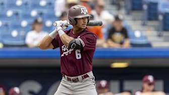 May 23, 2024; Hoover, AL, USA; Texas A&M Aggies outfielder Braden Montgomery (6) bats against the Tennessee Volunteers during the SEC Baseball Tournament at Hoover Metropolitan Stadium. Mandatory Credit: Vasha Hunt-Imagn Images