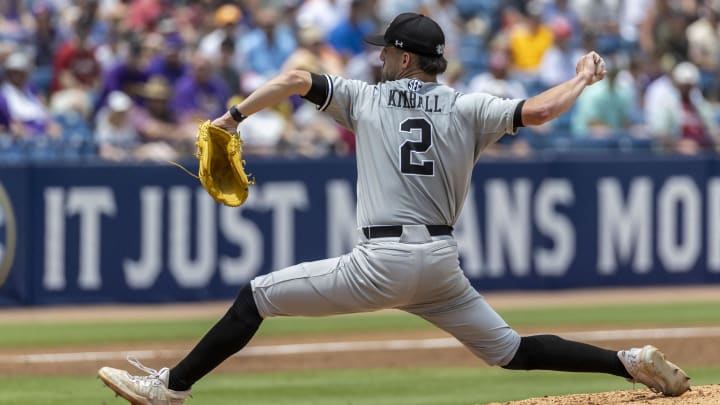 May 25, 2024; Hoover, AL, USA; South Carolina Gamecocks pitcher Roman Kimball (2) pitches against the LSU Tigers during the SEC Baseball Tournament at Hoover Metropolitan Stadium. Mandatory Credit: Vasha Hunt-USA TODAY Sports