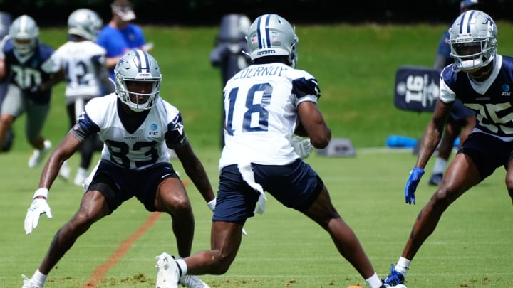 Jun 5, 2024; Frisco, TX, USA;  Dallas Cowboys wide receiver Ryan Flournoy (18) goes through a drill during practice at the Ford Center at the Star Training Facility in Frisco, Texas. Mandatory Credit: Chris Jones-USA TODAY Sports