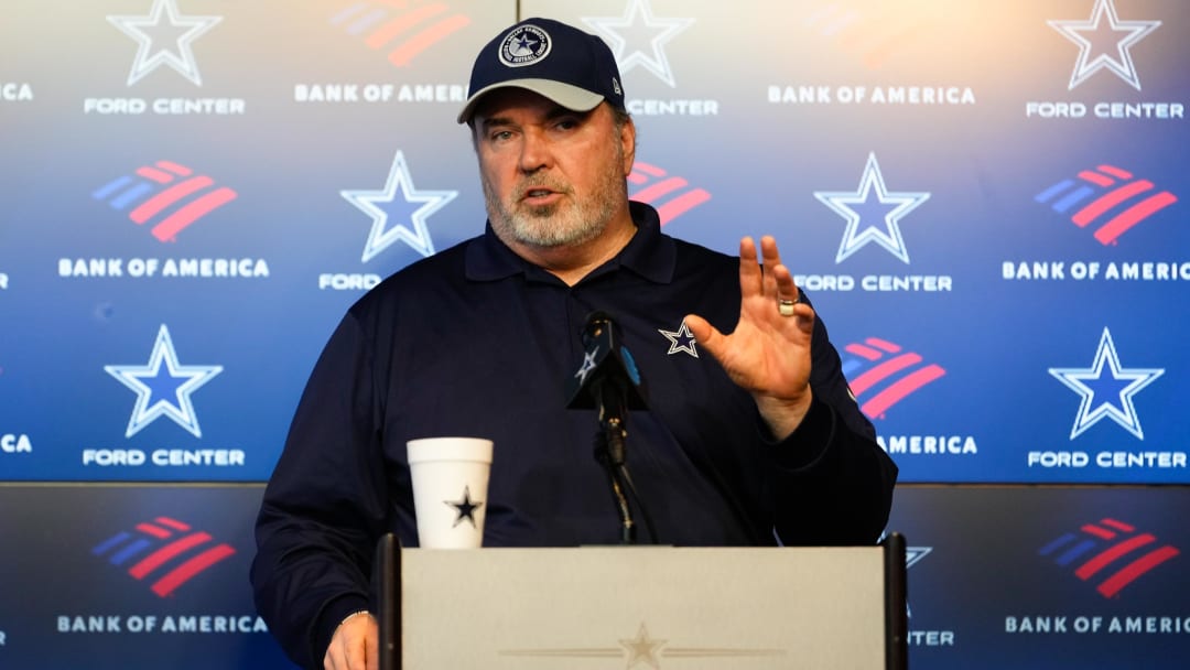 Dallas Cowboys head coach Mike McCarthy addresses the media before practice at the Ford Center at the Star Training Facility in Frisco, Texas.