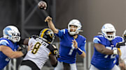 Apr 16, 2023; Birmingham, AL, USA; New Orleans Breakers quarterback McLeod Bethel-Thompson (1) throws the ball against Pittsburgh Maulers defensive lineman Boogie Roberts (8) during the first half of a USFL football game at Protective Stadium. Mandatory Credit: Vasha Hunt-Imagn Images
