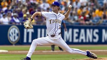 May 25, 2024; Hoover, AL, USA; LSU Tigers pitcher Kade Anderson (32) pitches against the South Carolina Gamecocks during the SEC Baseball Tournament at Hoover Metropolitan Stadium. Mandatory Credit: Vasha Hunt-Imagn Images