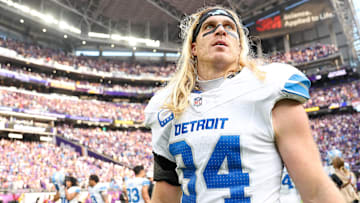 Oct 20, 2024; Minneapolis, Minnesota, USA; Detroit Lions linebacker Alex Anzalone (34) walks on the field after his teams win against the Minnesota Vikings at U.S. Bank Stadium. Mandatory Credit: Matt Krohn-Imagn Images