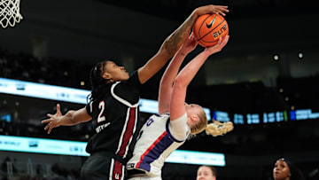 Dec 8, 2024; Fort Worth, Texas, USA;  TCU Horned Frogs guard Hailey Van Lith (10) has her shot blocked by South Carolina Gamecocks forward Ashlyn Watkins (2) during the second half at Dickies Arena. Mandatory Credit: Chris Jones-Imagn Images