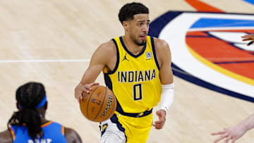 Jun 8, 2025; Oklahoma City, Oklahoma, USA; Indiana Pacers guard Tyrese Haliburton (0) brings the ball up court against the Oklahoma City Thunder during the third quarter of game two of the 2025 NBA Finals at Paycom Center. Mandatory Credit: Alonzo Adams-Imagn Images