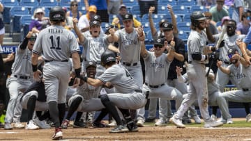 May 25, 2024; Hoover, AL, USA; South Carolina Gamecocks catcher Dalton Reeves (44) celebrates his three run hone run in the third inning against the LSU Tigers during the SEC Baseball Tournament at Hoover Metropolitan Stadium. Mandatory Credit: Vasha Hunt-USA TODAY Sports