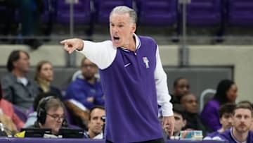 Jan 22, 2025; Fort Worth, Texas, USA;  TCU Horned Frogs head coach Jamie Dixon reacts after a play against the Kansas Jayhawks during the first half at Ed and Rae Schollmaier Arena. Mandatory Credit: Chris Jones-Imagn Images
