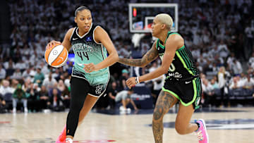 Oct 18, 2024; Minneapolis, Minnesota, USA; New York Liberty forward Betnijah Laney-Hamilton (44) drives past Minnesota Lynx guard Courtney Williams (10) during the second half of game four of the 2024 WNBA Finals at Target Center. Mandatory Credit: Matt Krohn-Imagn Images