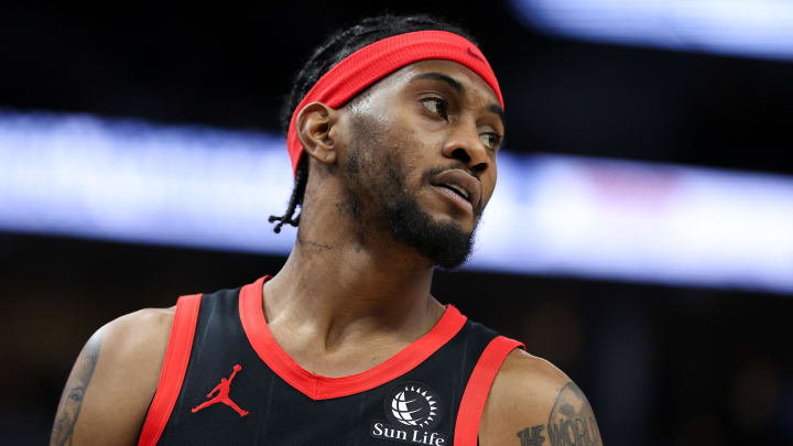 Apr 3, 2024; Minneapolis, Minnesota, USA; Toronto Raptors forward Jalen McDaniels (2) looks on during the fourth quarter against the Minnesota Timberwolves at Target Center. Mandatory Credit: Matt Krohn-USA TODAY Sports