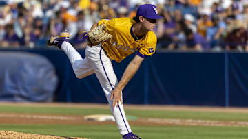 May 26, 2024; Hoover, AL, USA; LSU Tigers pitcher Kade Anderson (32) pitches against the Tennessee Volunteers during the championship game between Tennessee and LSU at the SEC Baseball Tournament at Hoover Metropolitan Stadium. Mandatory Credit: Vasha Hunt-Imagn Images