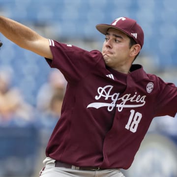 May 23, 2024; Hoover, AL, USA; Texas A&M Aggies pitcher Ryan Prager (18) pitches against the Tennessee Volunteers during the SEC Baseball Tournament at Hoover Metropolitan Stadium.