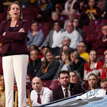 Minnesota coach Dawn Plitzuweit reacts during the first half against Wisconsin at Williams Arena in Minneapolis on Feb. 20, 2024.