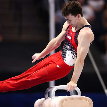 Stephen Nedoroscik competes on the pommel horse during the U.S. Olympic Team Gymnastics Trials at Target Center. 