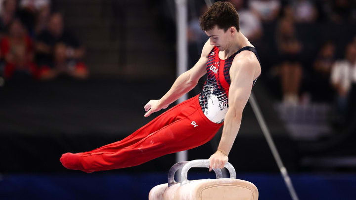 Stephen Nedoroscik competes on the pommel horse during the U.S. Olympic Team Gymnastics Trials at Target Center. 