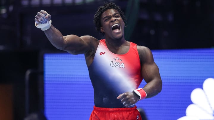 Jun 27, 2024; Minneapolis, Minnesota, USA; Frederick Richard celebrates his floor routine during the men's U.S. Olympic Team Trials at Target Center. Mandatory Credit: Matt Krohn-USA TODAY Sports