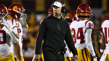 Oct 5, 2024; Minneapolis, Minnesota, USA; USC Trojans head coach Lincoln Riley looks on during the first half against the Minnesota Golden Gophers at Huntington Bank Stadium. Mandatory Credit: Matt Krohn-Imagn Images