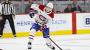 Dec 20, 2024; Detroit, Michigan, USA; Montreal Canadiens defenseman Lane Hutson (48) handles the puck during the third period at Little Caesars Arena. Mandatory Credit: Brian Bradshaw Sevald-Imagn Images