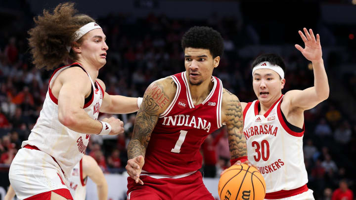 Mar 15, 2024; Minneapolis, MN, USA; Indiana Hoosiers center Kel'el Ware (1) works around Nebraska Cornhuskers forward Josiah Allick (53) during the second half at Target Center. Mandatory Credit: Matt Krohn-USA TODAY Sports