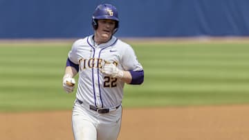 May 25, 2024; Hoover, AL, USA; LSU Tigers infielder Jared Jones (22) jogs the bases after a solo hom run against the South Carolina Gamecocks during the SEC Baseball Tournament at Hoover Metropolitan Stadium. Mandatory Credit: Vasha Hunt-Imagn Images