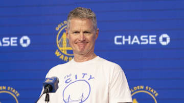 Mar 22, 2024; San Francisco, California, USA; Golden State Warriors head coach Steve Kerr talks with the media before the game against the Indiana Pacers at Chase Center. Mandatory Credit: John Hefti-Imagn Images