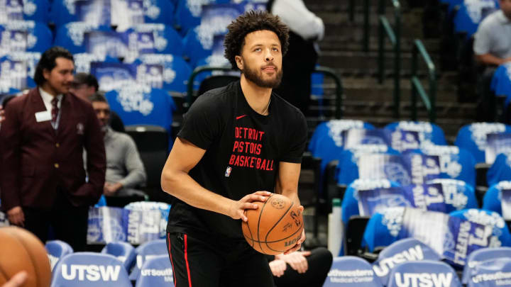 Apr 12, 2024; Dallas, Texas, USA; Detroit Pistons guard Cade Cunningham (2) warms up before the game against the Dallas Mavericks at American Airlines Center. Mandatory Credit: Chris Jones-USA TODAY Sports