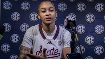 Oct 16, 2024; Birmingham, AL, USA; Mississippi State Bulldogs guard Jerkaila Jordan talks with the media during SEC Media Days at Grand Bohemian Hotel. Mandatory Credit: Vasha Hunt-Imagn Images