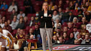 Minnesota coach Dawn Plitzuweit reacts during the first half against Penn State at Williams Arena in Minneapolis on Jan. 31, 2024.