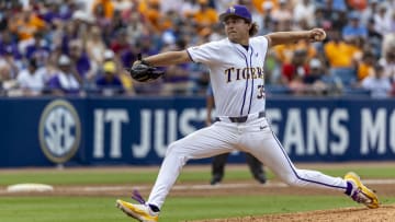 May 25, 2024; Hoover, AL, USA; LSU Tigers pitcher Griffin Herring pitches in the tenth inning against the South Carolina Gamecocks (35) during the SEC Baseball Tournament at Hoover Metropolitan Stadium. Mandatory Credit: Vasha Hunt-USA TODAY Sports