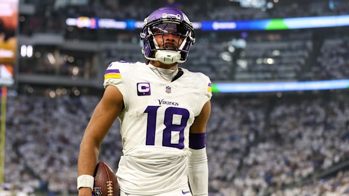 Dec 24, 2023; Minneapolis, Minnesota, USA; Minnesota Vikings wide receiver Justin Jefferson (18) Dec 24, 2023; Minneapolis, Minnesota, USA; Minnesota Vikings wide receiver Justin Jefferson (18)