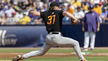 May 26, 2024; Hoover, AL, USA; Tennessee Volunteers pitcher Dylan Loy (37) pitches against the LSU Tigers during the championship game between Tennessee and LSU at the SEC Baseball Tournament at Hoover Metropolitan Stadium. Mandatory Credit: Vasha Hunt-Imagn Images