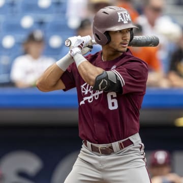 May 23, 2024; Hoover, AL, USA; Texas A&M Aggies outfielder Braden Montgomery (6) bats against the Tennessee Volunteers during the SEC Baseball Tournament at Hoover Metropolitan Stadium. Mandatory Credit: Vasha Hunt-USA TODAY Sports