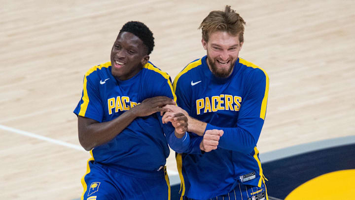 Former Indiana Pacers guard Victor Oladipo (4) and forward Domantas Sabonis (11).
