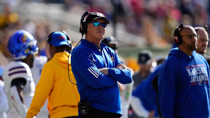 Nov 30, 2024; Waco, Texas, USA; Kansas Jayhawks head coach Lance Leipold reacts against the Baylor Bears during the second half at McLane Stadium. Mandatory Credit: Chris Jones-Imagn Images Nov 30, 2024; Waco, Texas, USA; Kansas Jayhawks head coach Lance Leipold reacts against the Baylor Bears during the second half at McLane Stadium. Mandatory Credit: Chris Jones-Imagn Images