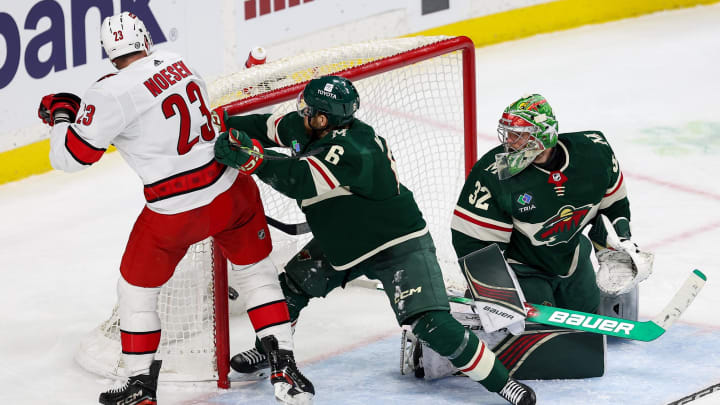 Feb 27, 2024; Saint Paul, Minnesota, USA; Carolina Hurricanes right wing Stefan Noesen (23) scores a