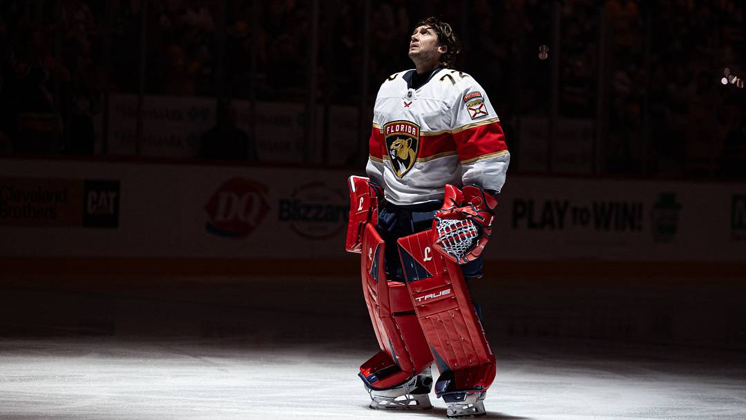 Apr 4, 2026; Pittsburgh, Pennsylvania, USA; Florida Panthers goalie Sergei Bobrovsky (72) looks on against the Pittsburgh Penguins before the first period at PPG Paints Arena. Mandatory Credit: Mark Alberti-Imagn Images