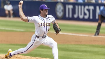 May 25, 2024; Hoover, AL, USA; LSU Tigers pitcher Will Hellmers (48) pitches against the South Carolina Gamecocks during the SEC Baseball Tournament at Hoover Metropolitan Stadium. Mandatory Credit: Vasha Hunt-USA TODAY Sports